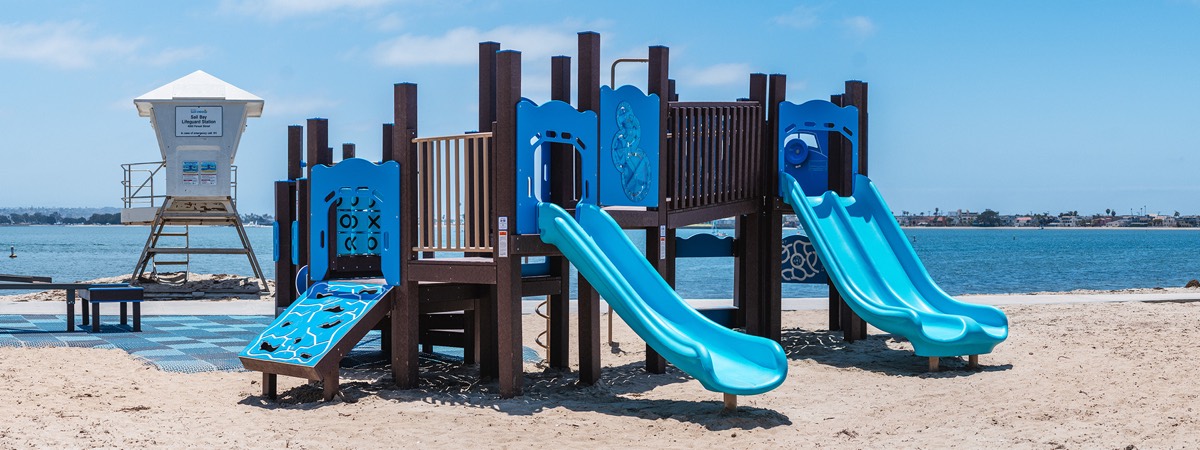 The playground at Fanuel Street Park on the sand beside Mission Bay