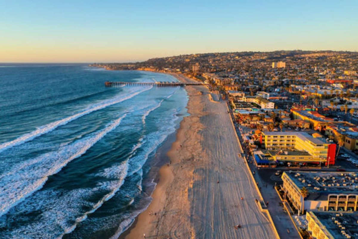 An aerial view along the Pacific Beach coastline